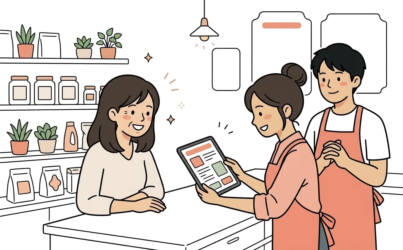 店舗でスタッフがAIチャットボットの対応画面を確認しているイラスト