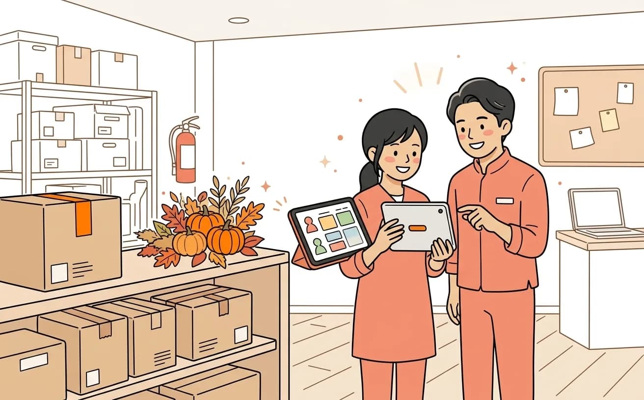 店舗でスタッフが秋の繁忙期に向けて予約管理画面を確認しているイラスト
