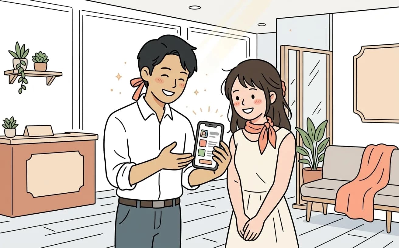 結婚式場でプランナーがInstagramから見学予約への導線をスマートフォンで確認するイラスト