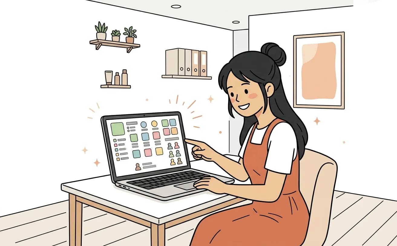 結婚式場のプランナーがパソコンでゲストの出欠データ一覧を確認しているイラスト