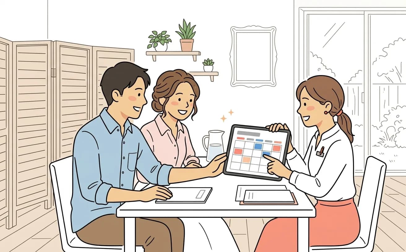 結婚式場でプランナーがタブレットの会場予約状況を新郎新婦に説明しているイラスト