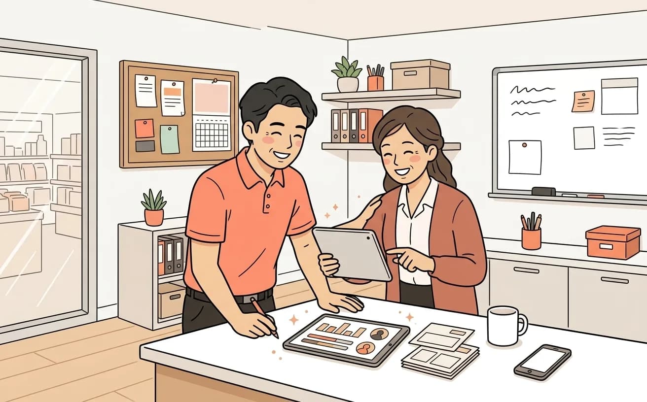 店舗でスタッフが顧客セグメント画面を見ながらキャンペーン配信を設定するイラスト