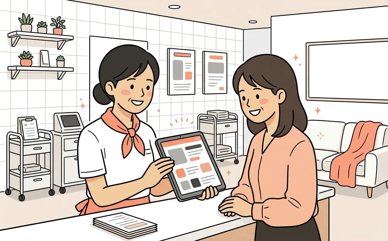 クリニックの受付でスタッフがWeb予約画面を患者に案内しているイラスト