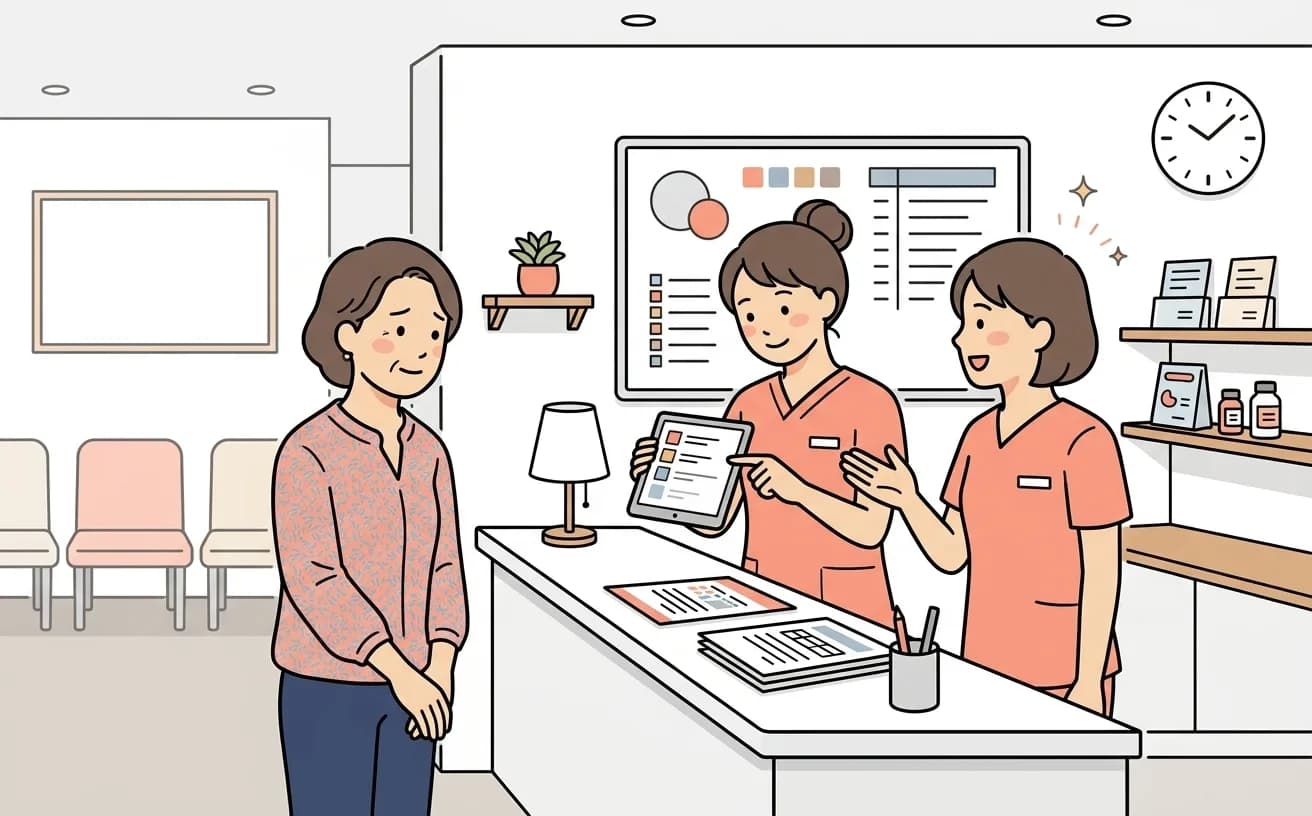 クリニックの受付でスタッフが予約枠を確認しながら患者に順番を案内しているイラスト