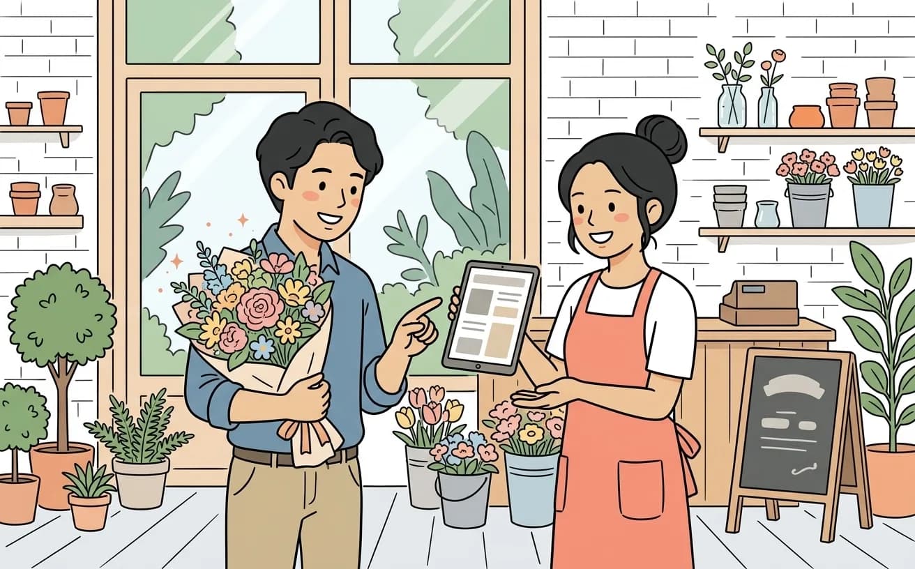 花屋で店員が予約注文画面を見せながらお客に花束を案内するイラスト