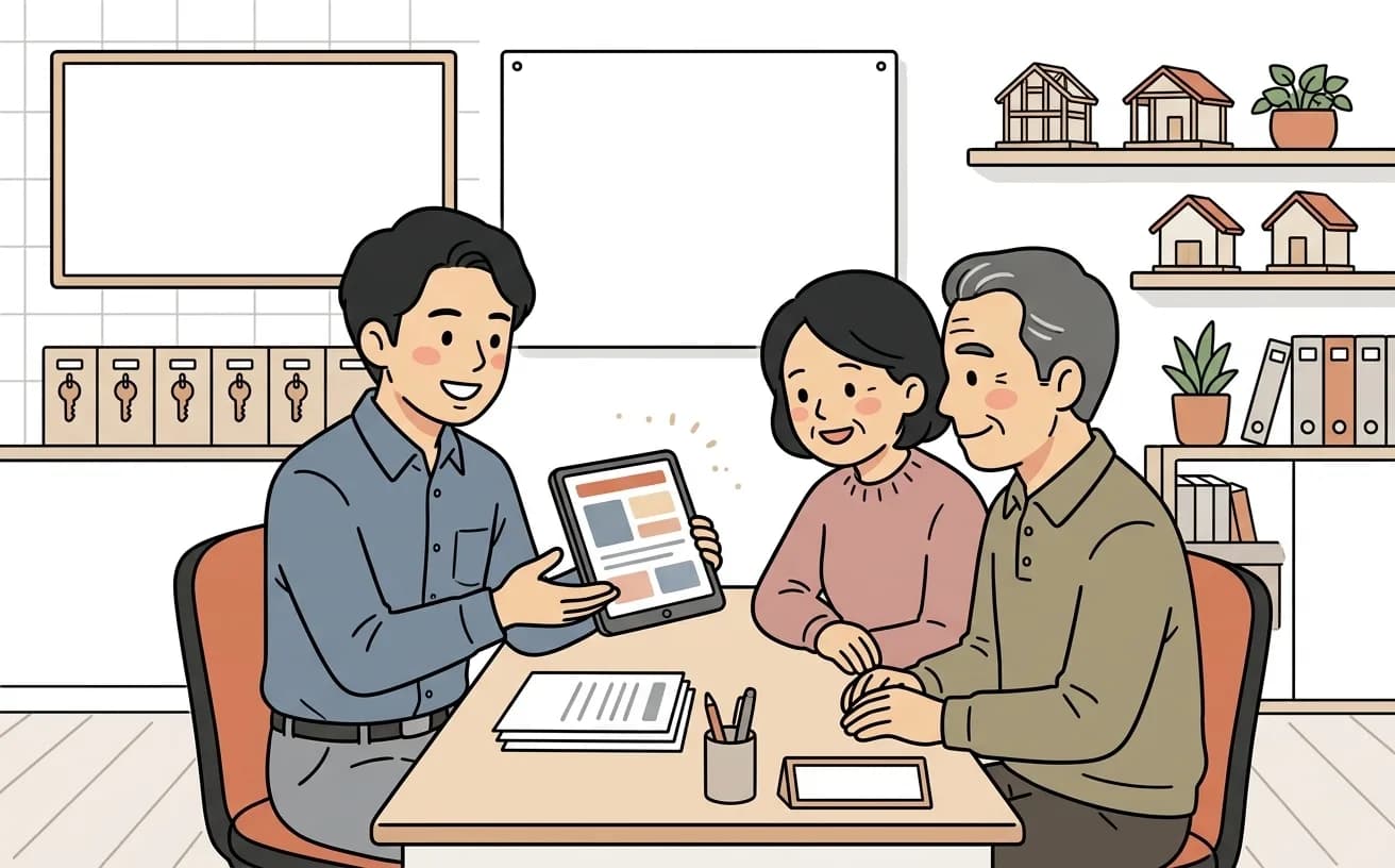 不動産会社でスタッフが来店客に売却査定フォームを説明しているイラスト