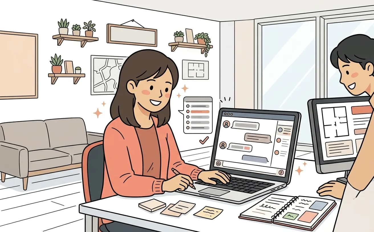 不動産会社でスタッフがチャットボットの問い合わせ履歴を確認しているイラスト