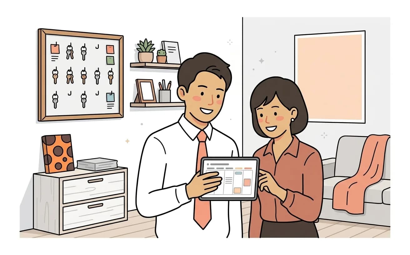 不動産会社でスタッフが内見予約カレンダーと鍵の管理状況を確認しているイラスト