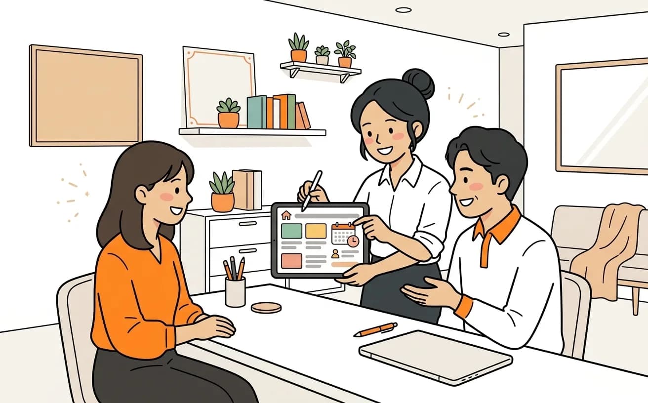 不動産会社でスタッフがオンライン内見予約画面を操作しながら反響対応するイラスト