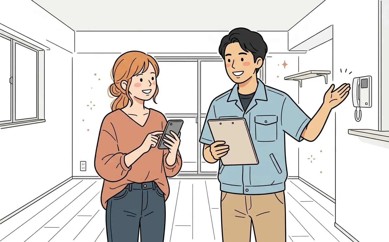 空室になった賃貸の部屋で管理会社のスタッフと退去する入居者が確認リストを見ながら部屋の状態を確認しているイラスト