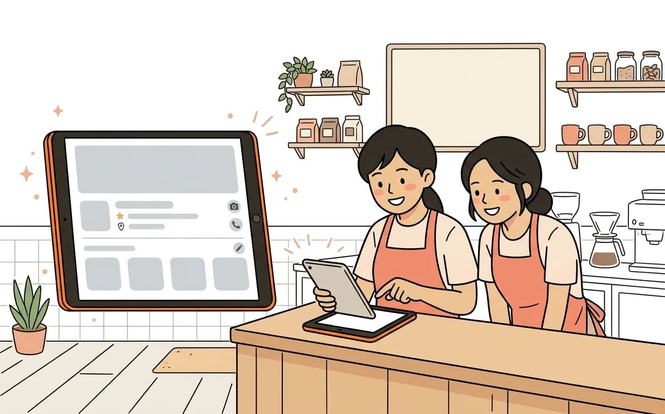 店舗でスタッフがGoogleビジネスプロフィールの登録画面を操作しているイラスト