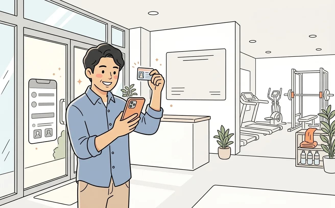 無人ジムの入口でお客がスマートフォンで入会手続きをしているイラスト