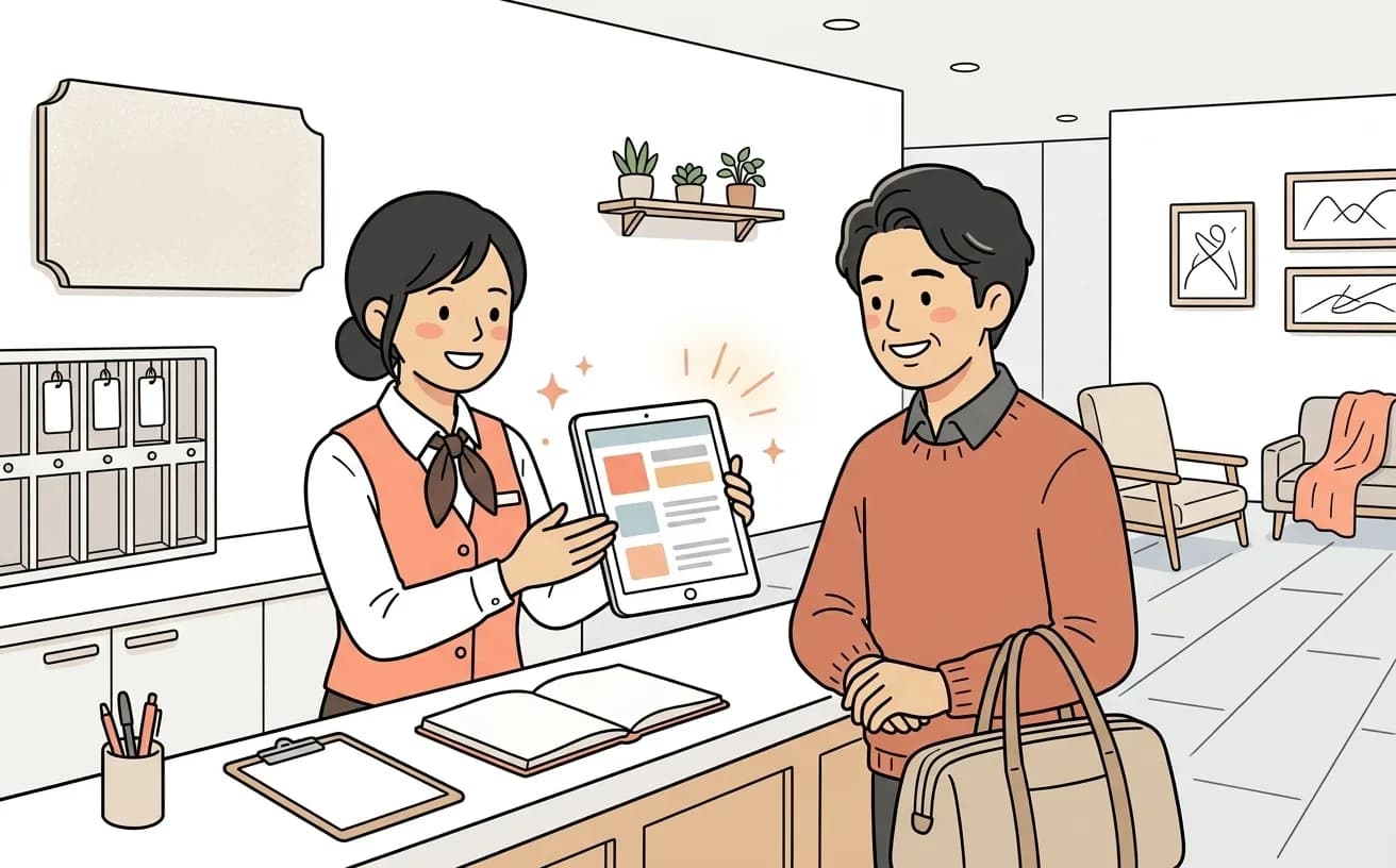 ホテルのフロントでスタッフが自社予約画面を見せながら宿泊客に案内するイラスト