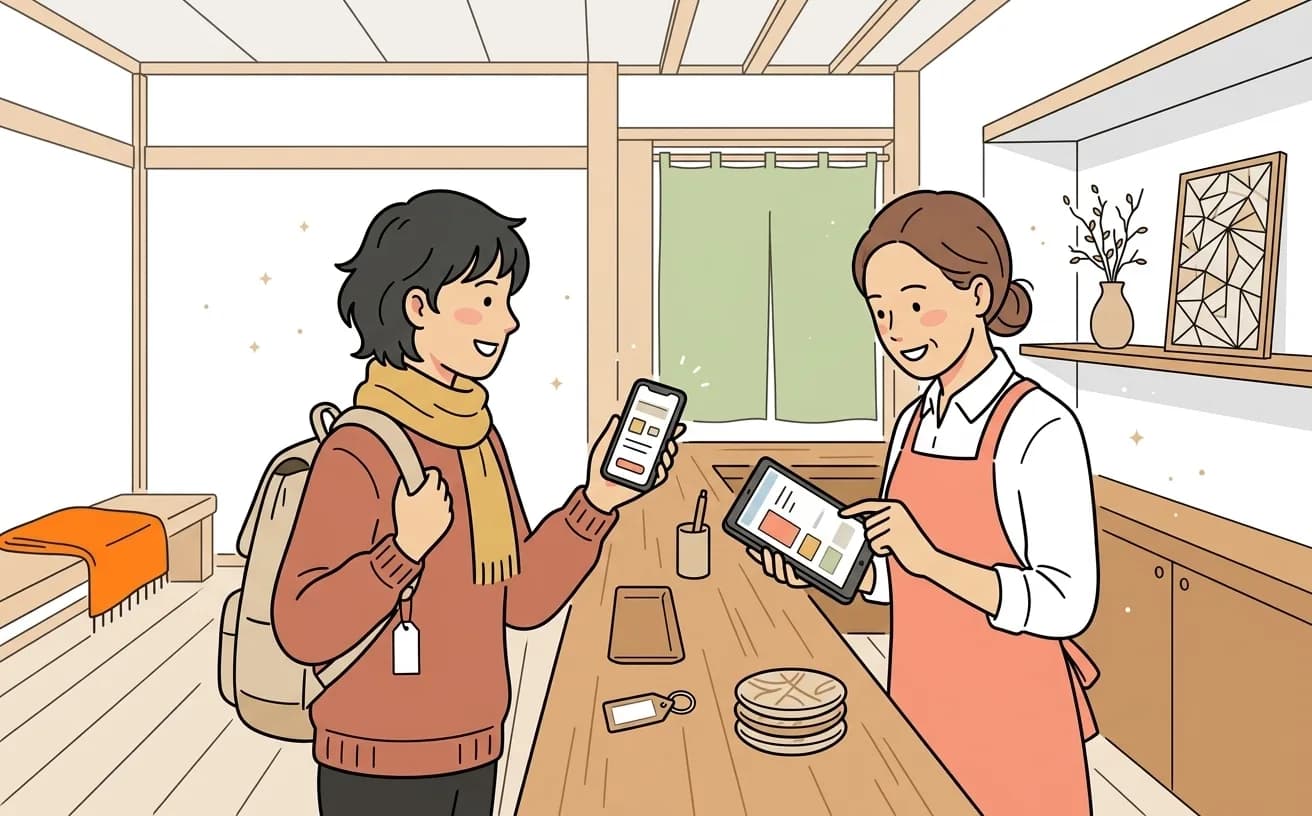 旅館のフロントで宿泊客がスマートフォンの事前登録画面を見せ、スタッフがタブレットで内容を照らし合わせているイラスト