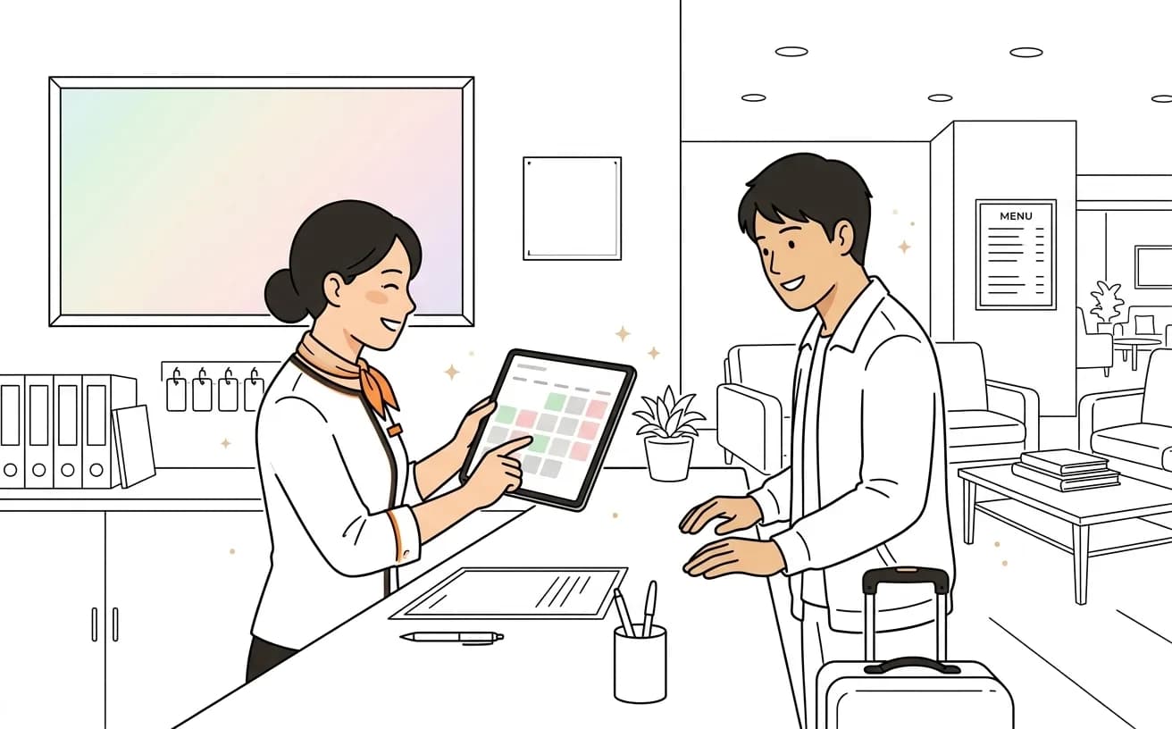 ホテルのフロントスタッフがタブレットで予約システムを確認しているイラスト