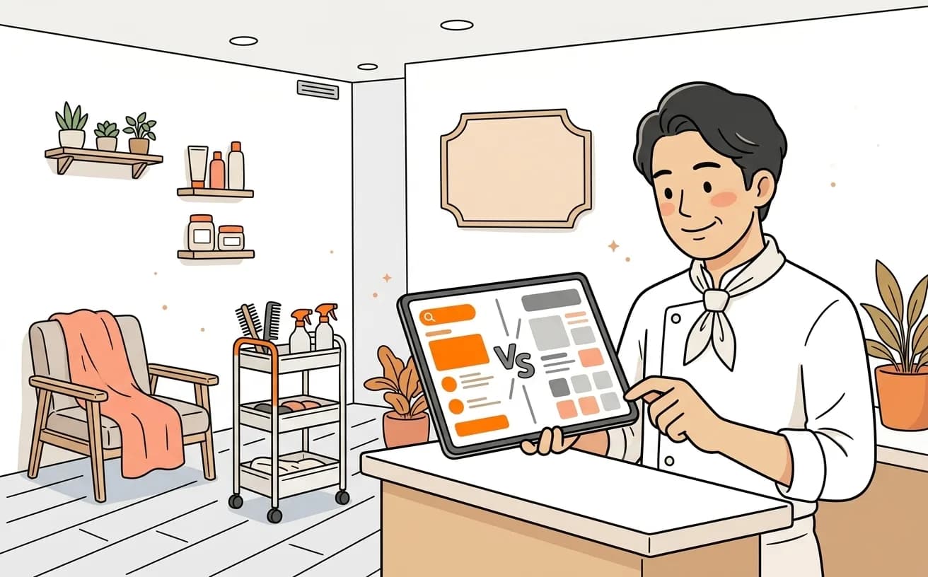 美容室でオーナーがホットペッパーと自社予約の比較画面を見ているイラスト