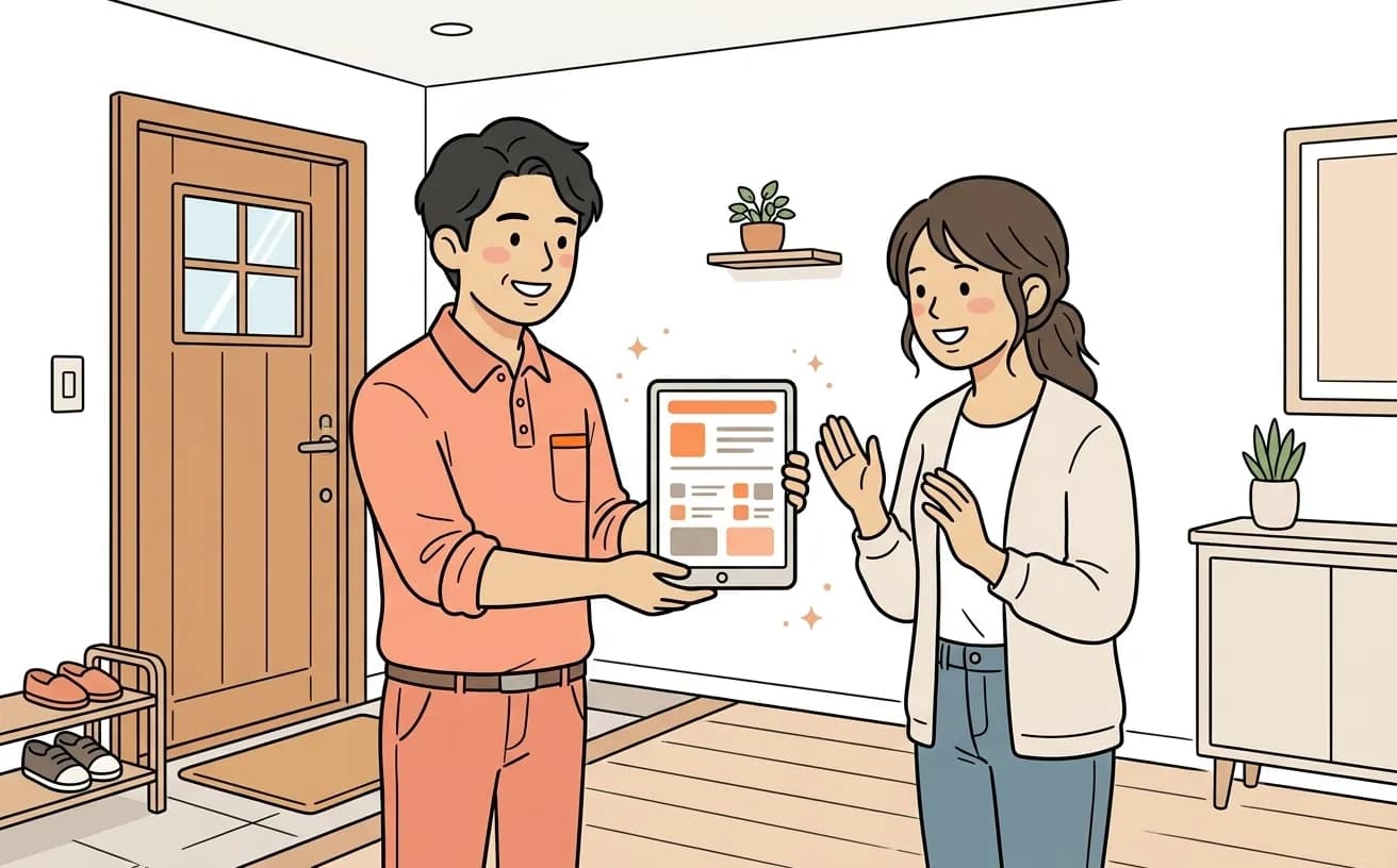 ハウスクリーニングスタッフが定期利用プラン画面を依頼主に見せているイラスト