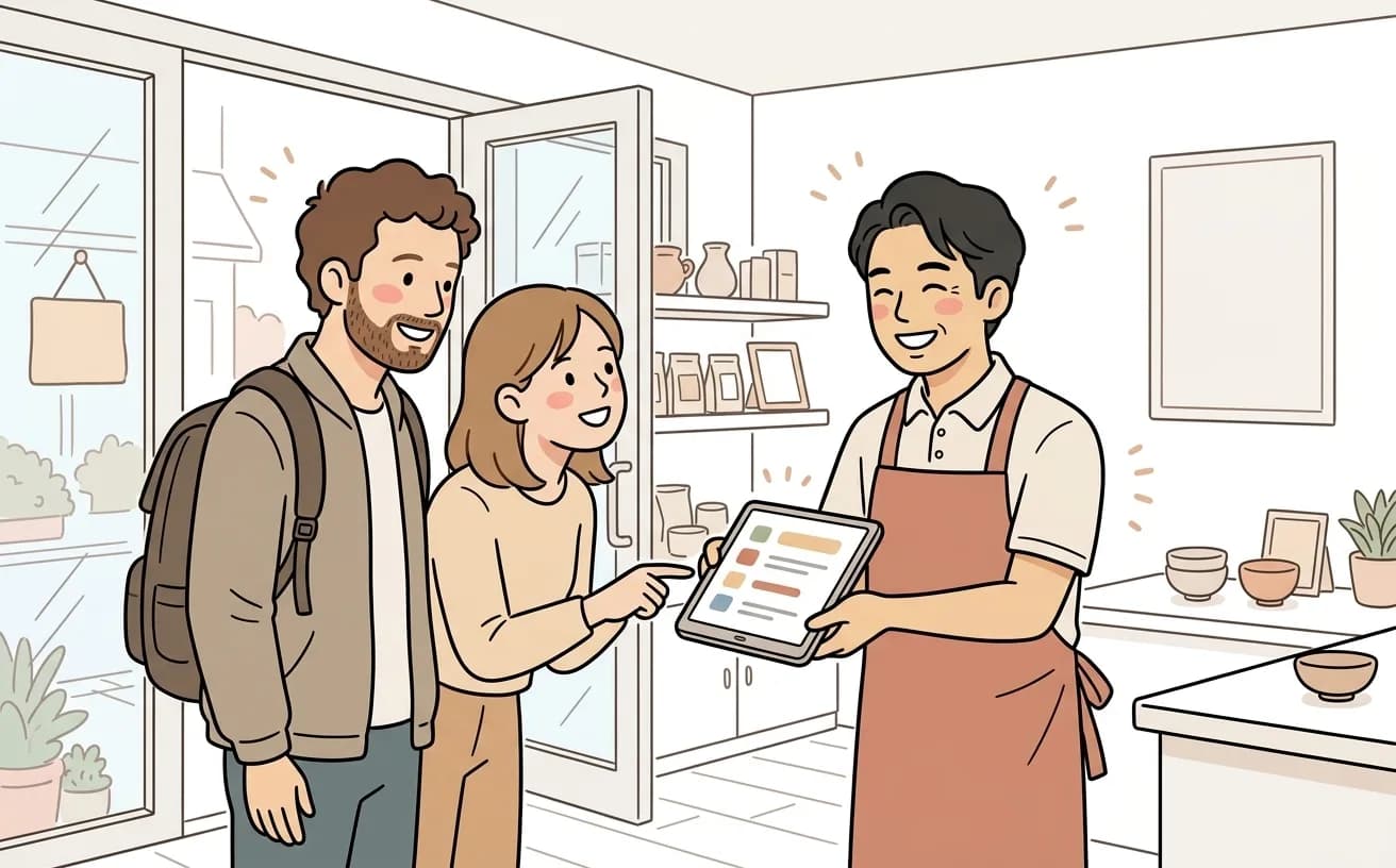店舗でスタッフが多言語対応画面を見せながら外国人観光客を迎えるイラスト