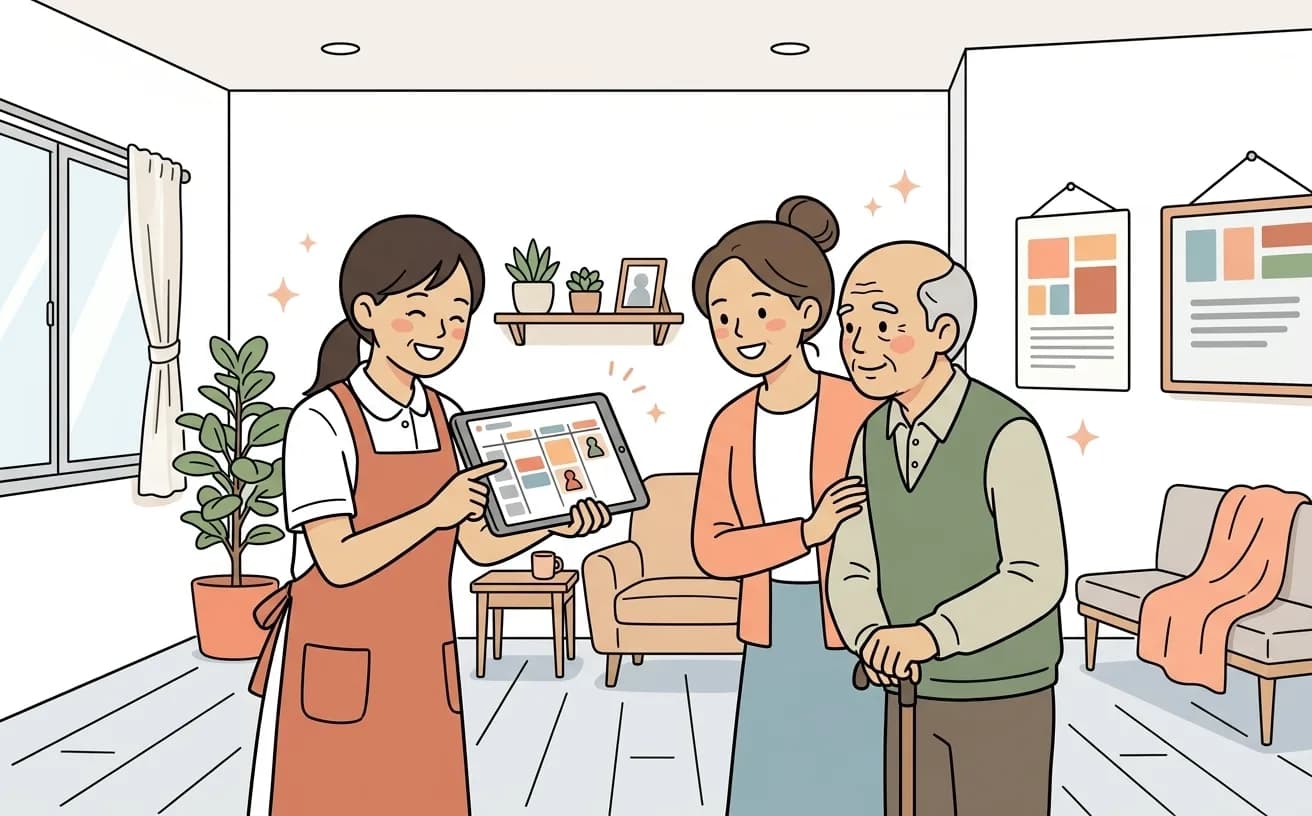 介護施設でスタッフが面会予約画面を家族に見せながら案内するイラスト