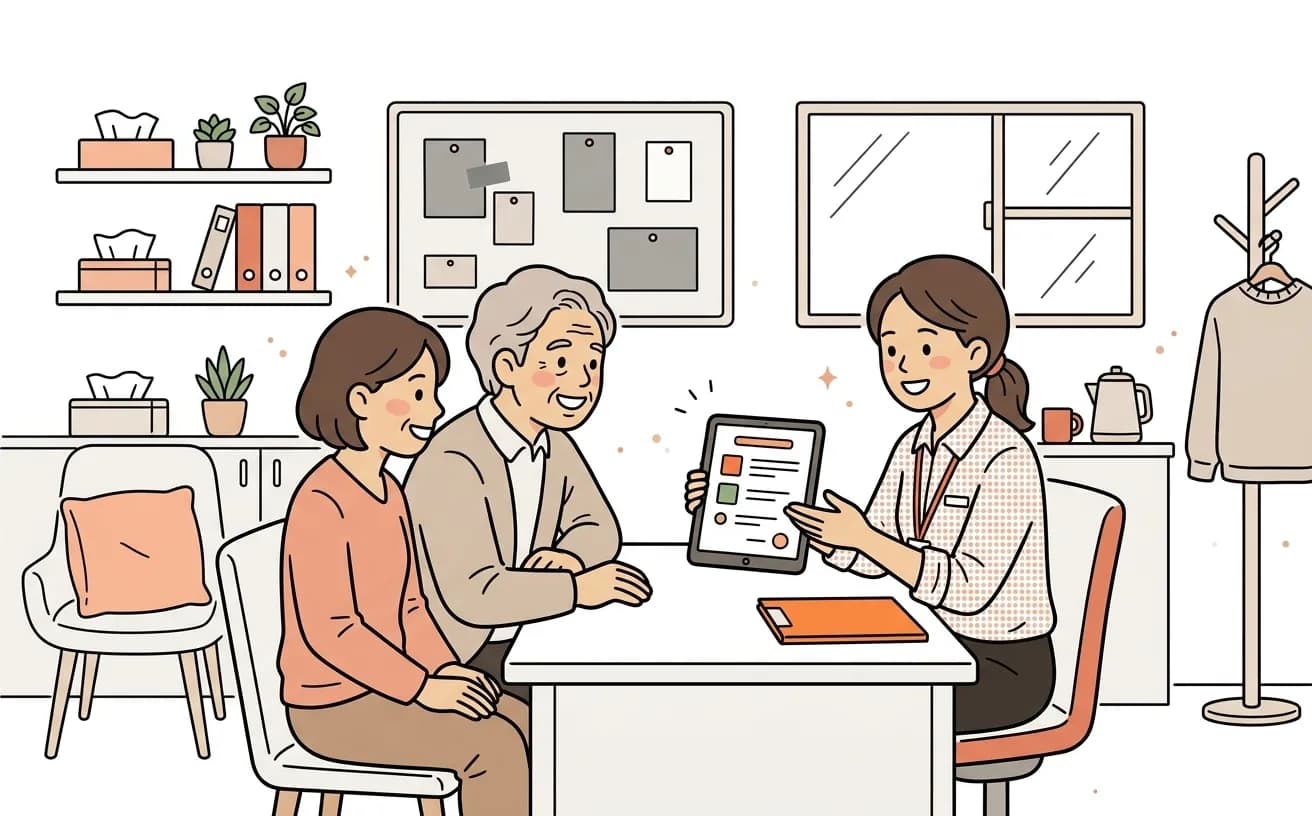 介護施設でスタッフがタブレットの資料請求画面を家族に見せているイラスト