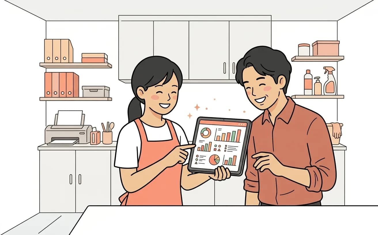 店舗でスタッフが顧客データの分析画面をタブレットで確認しているイラスト