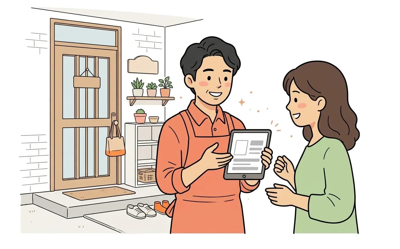 ハウスクリーニングスタッフが予約確認画面を見せながら依頼主に挨拶するイラスト
