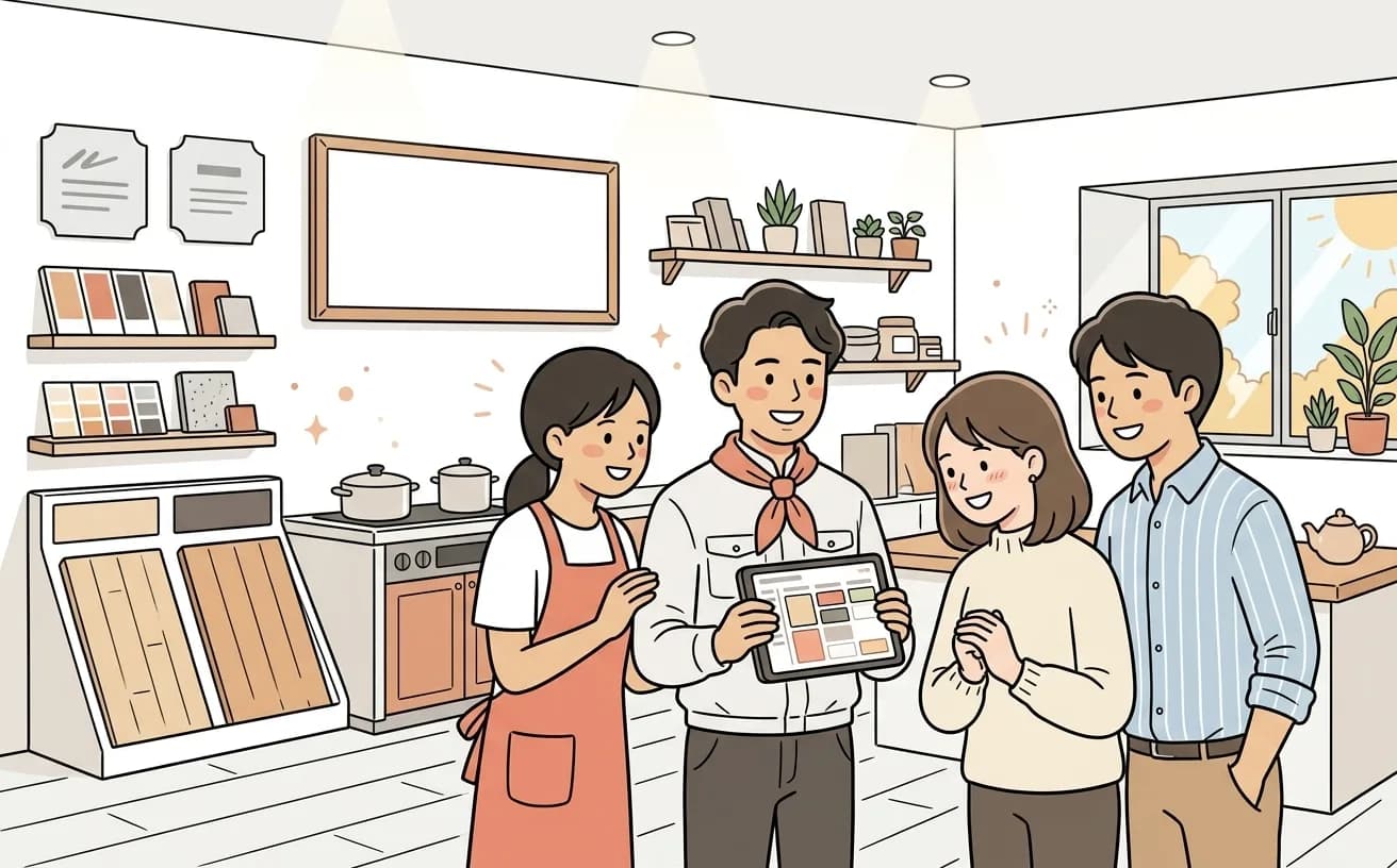 リフォーム会社でスタッフが見積もり予約画面を見せながら来店客に対応するイラスト