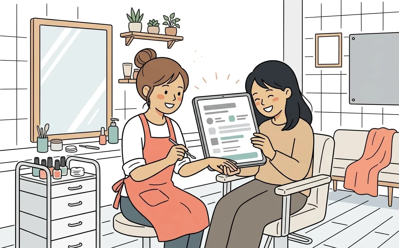 ネイルサロンでネイリストが施術をしながらタブレットの予約画面を見せているイラスト