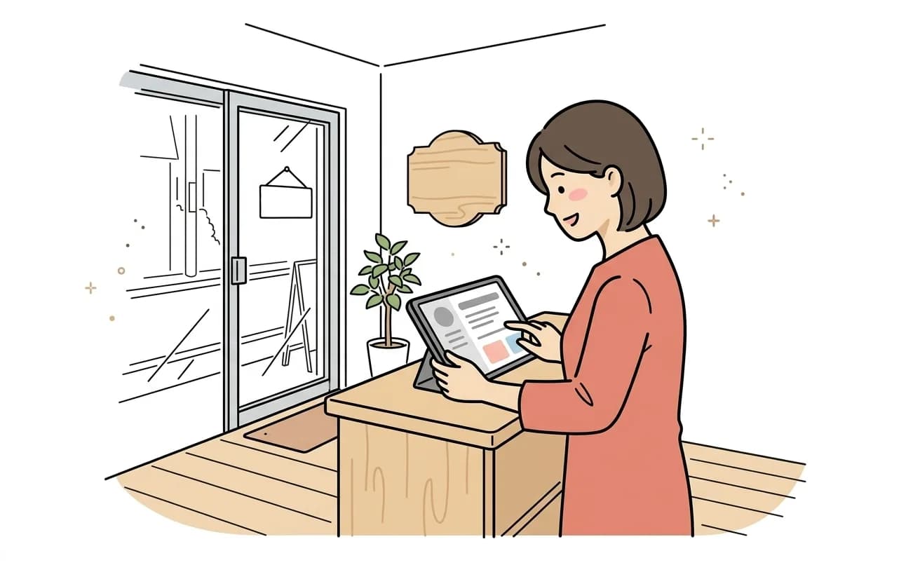 店舗でスタッフが年末年始の営業時間告知をタブレットで設定しているイラスト