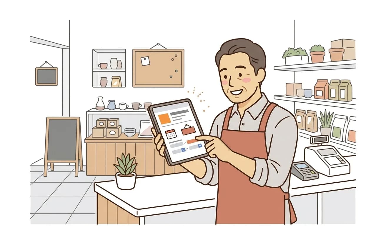 店舗で店主がタブレットでGoogleビジネスプロフィールの休業案内を設定しているイラスト