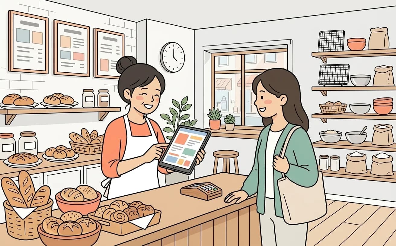 パン屋でスタッフが事前注文管理画面を確認しながらお客に対応するイラスト