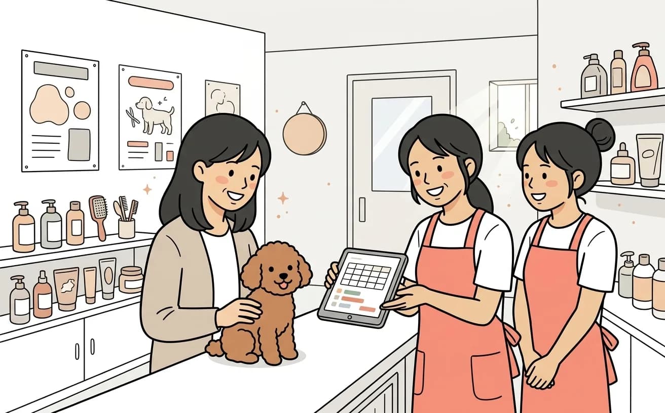 ペットサロンでスタッフが予約画面を見せながら犬を連れたお客に案内するイラスト
