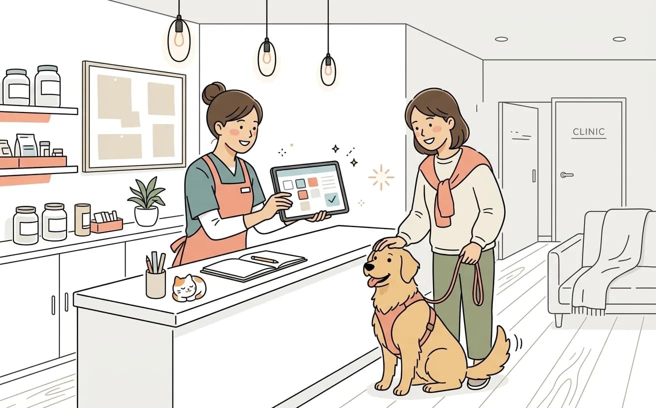 動物病院でスタッフがワクチンリマインド画面を確認しながら飼い主を案内するイラスト
