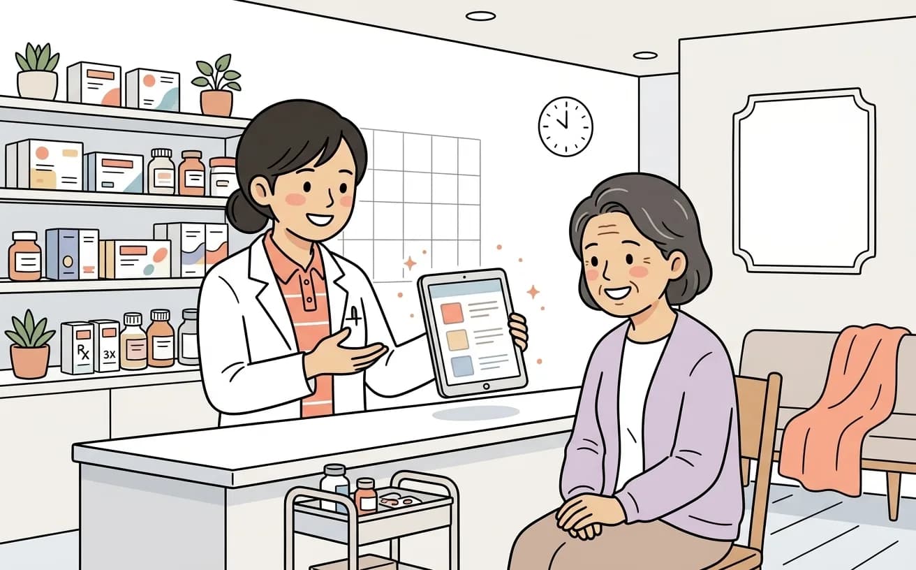 薬局でスタッフがオンライン予約画面を見せながら患者に案内するイラスト