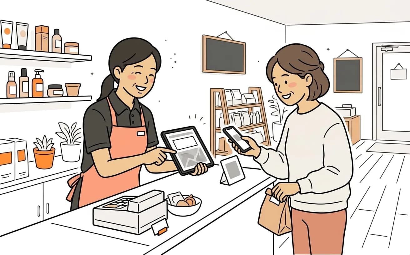 店舗でスタッフが会計後のお客に口コミ依頼のQRコードを案内するイラスト