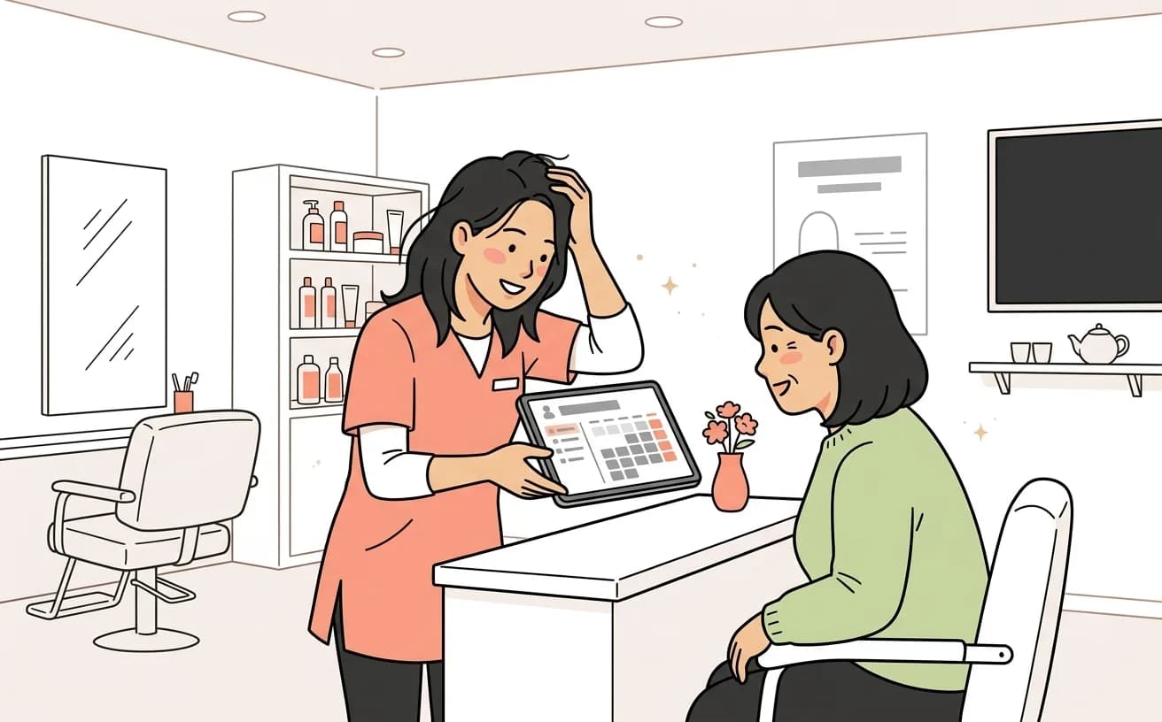 エステサロンでスタッフが予約画面を見せながらお客にカウンセリングをするイラスト