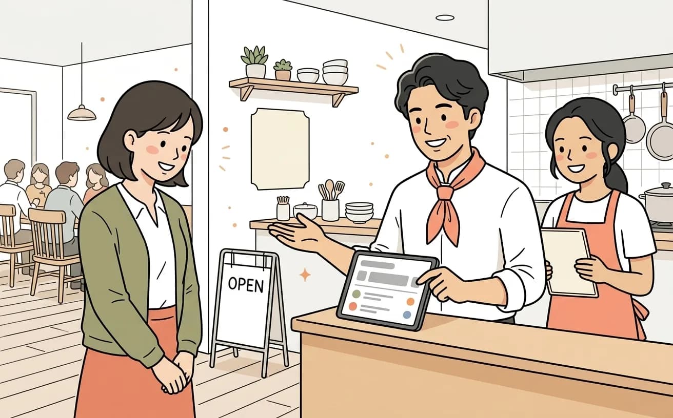 飲食店で店員が予約管理画面を確認しながら来店客を案内するイラスト