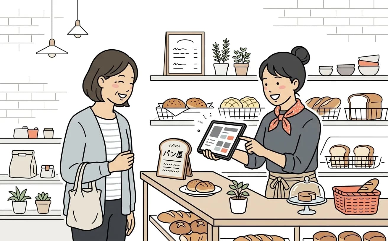 パン屋でスタッフが事前注文画面を見せながらテイクアウト客に対応するイラスト