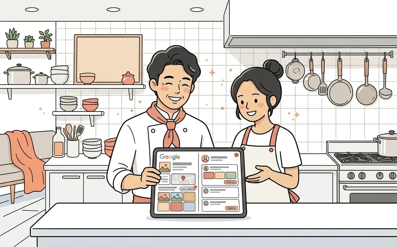 飲食店の店員がタブレットでSNSからの予約導線を確認しているイラスト
