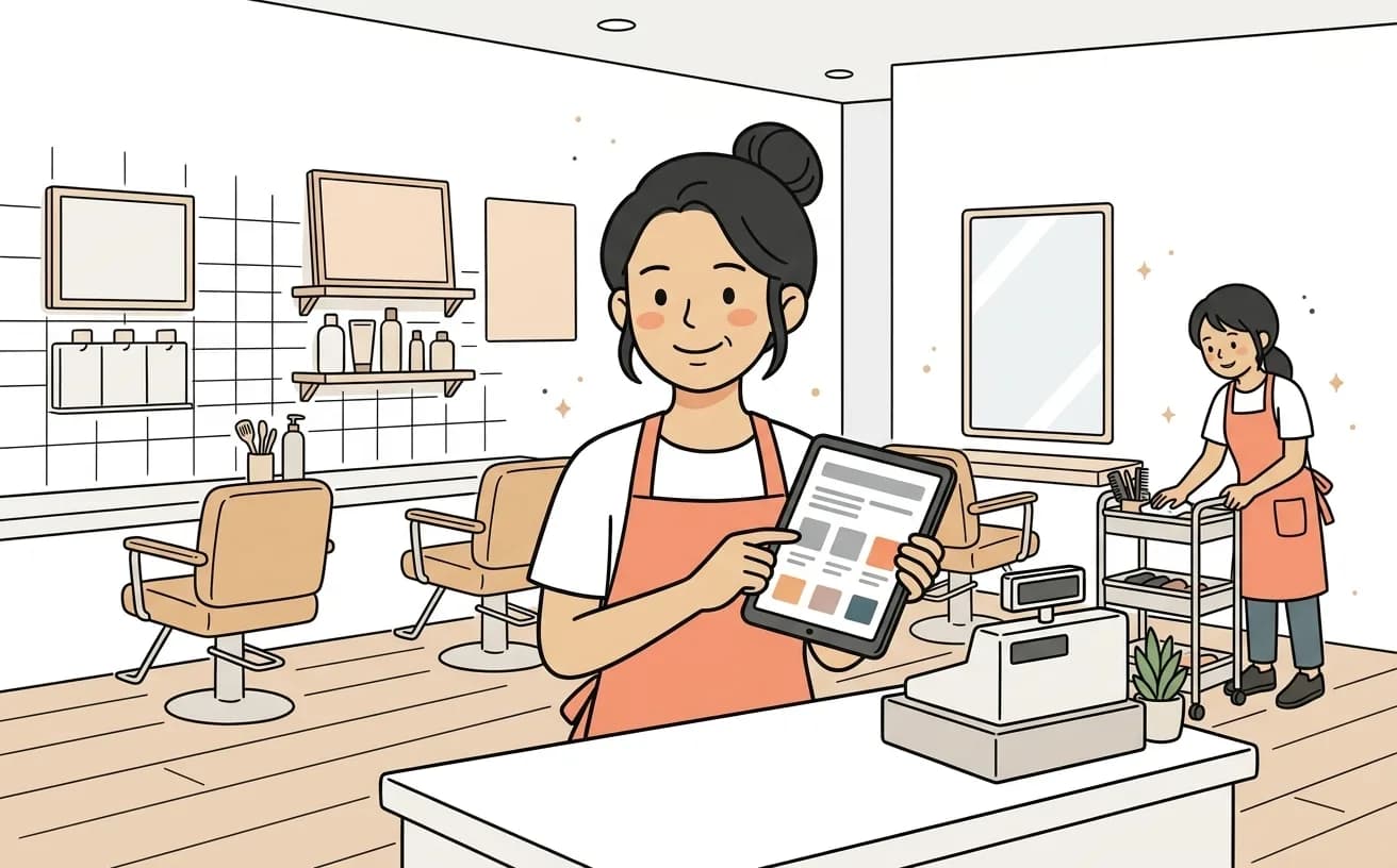 個人サロンでオーナーがタブレットの売上シミュレーション画面を確認しているイラスト
