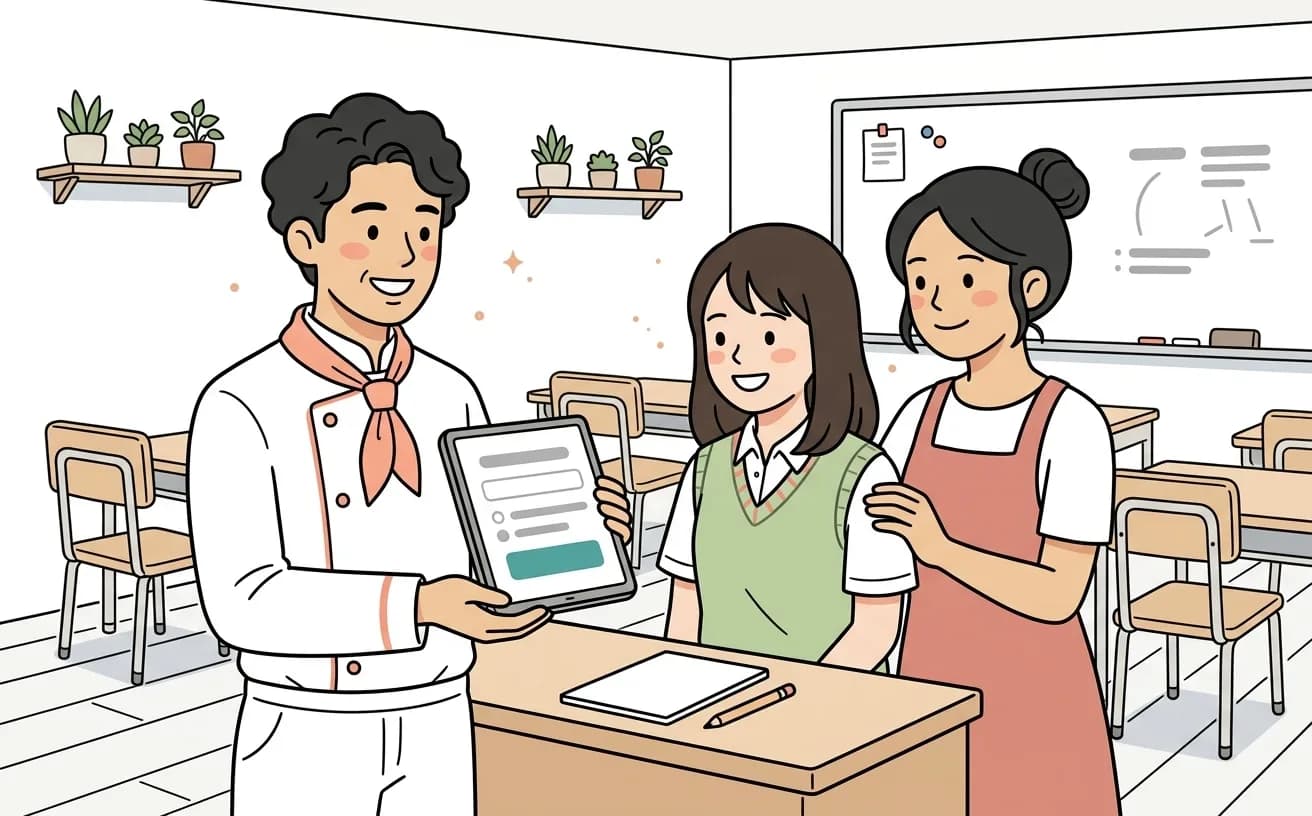 スクールで講師が体験レッスン予約画面を生徒と保護者に案内するイラスト