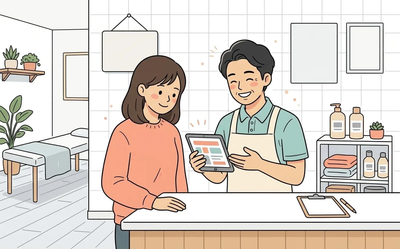 整体院で施術者が回数券プランの画面をお客に案内しているイラスト