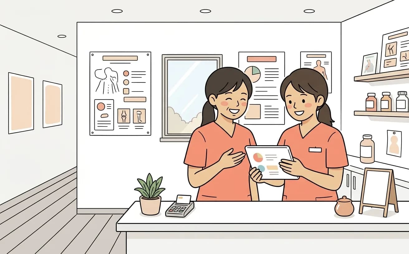 整骨院でスタッフ同士が電子カルテを見ながら引き継ぎを確認しているイラスト