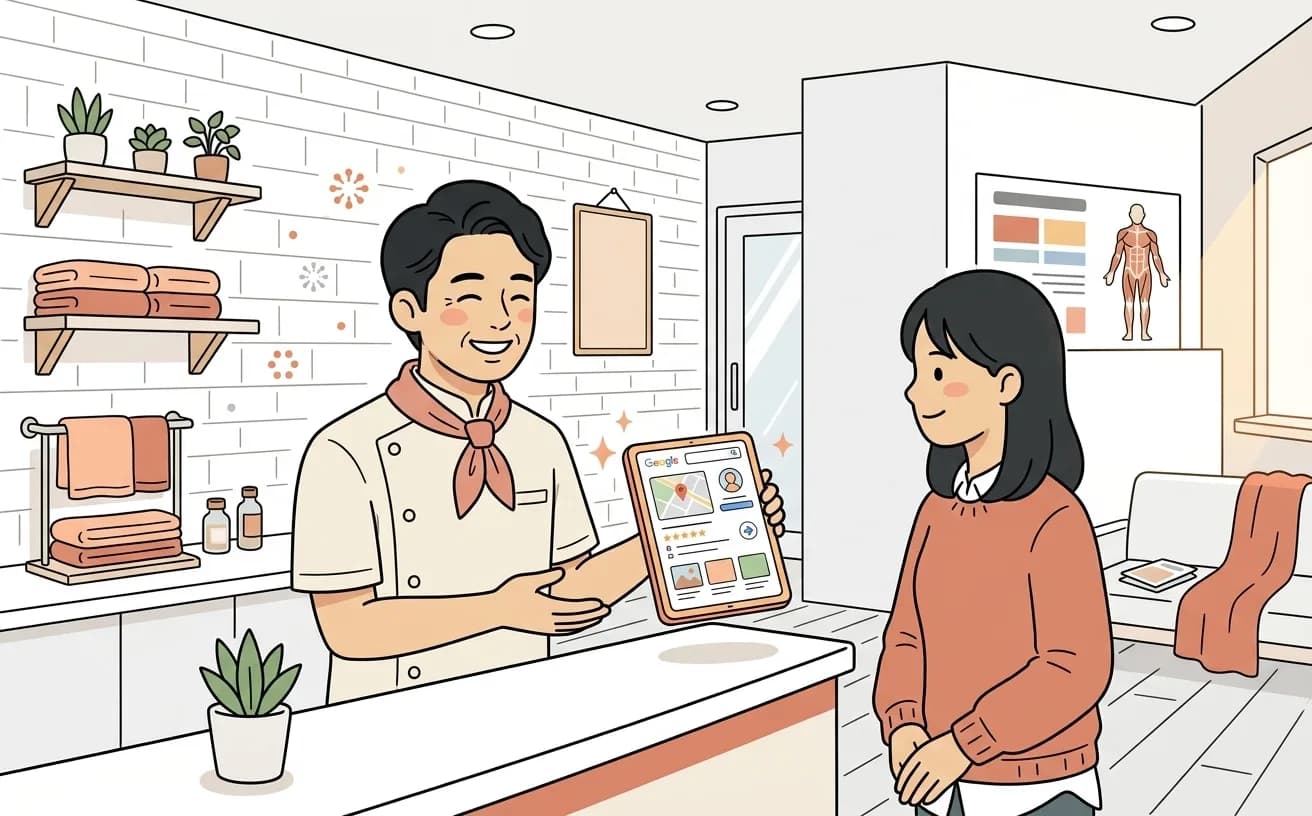 整体院で院長がGoogleビジネスプロフィール画面を確認しながら新規客を迎えるイラスト