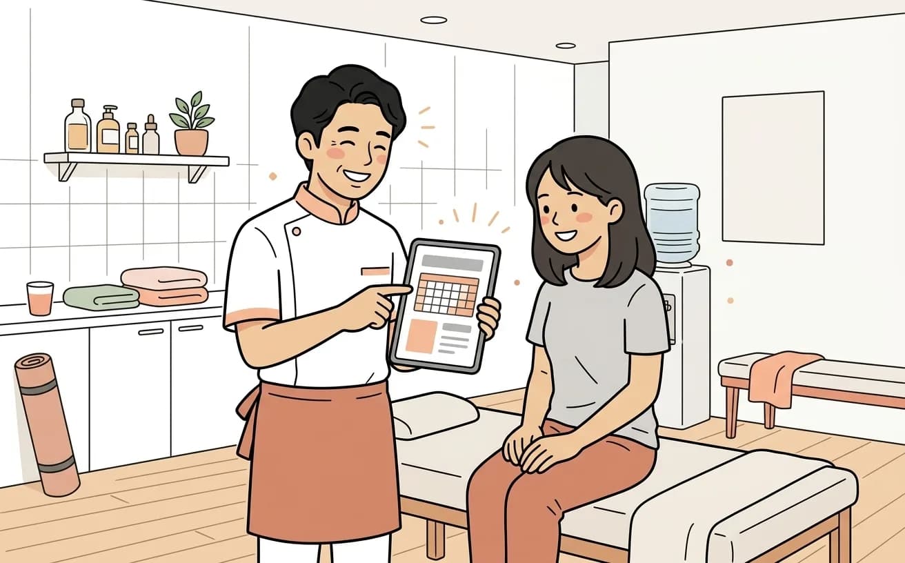 整体院で施術者がタブレットのカルテと予約カレンダーをお客に見せているイラスト