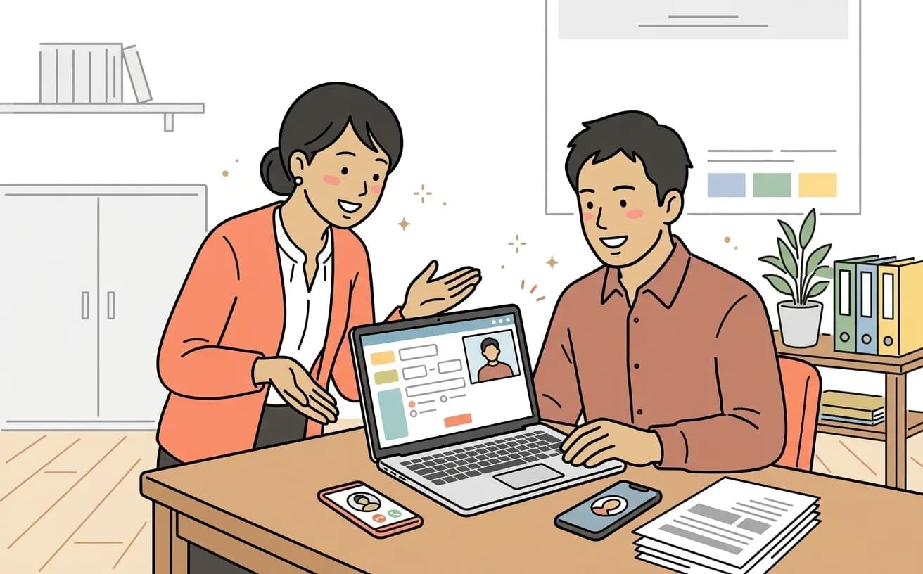士業事務所でスタッフがオンライン相談予約画面とビデオ通話の準備をするイラスト
