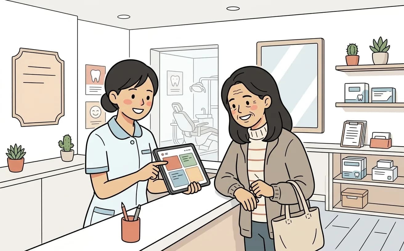 歯科医院の受付でスタッフがオンライン予約画面を患者に案内しているイラスト