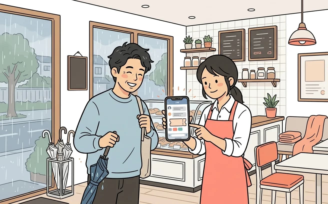 雨の日に店員がLINE予約画面を見ながら来店客にクーポンを案内するイラスト