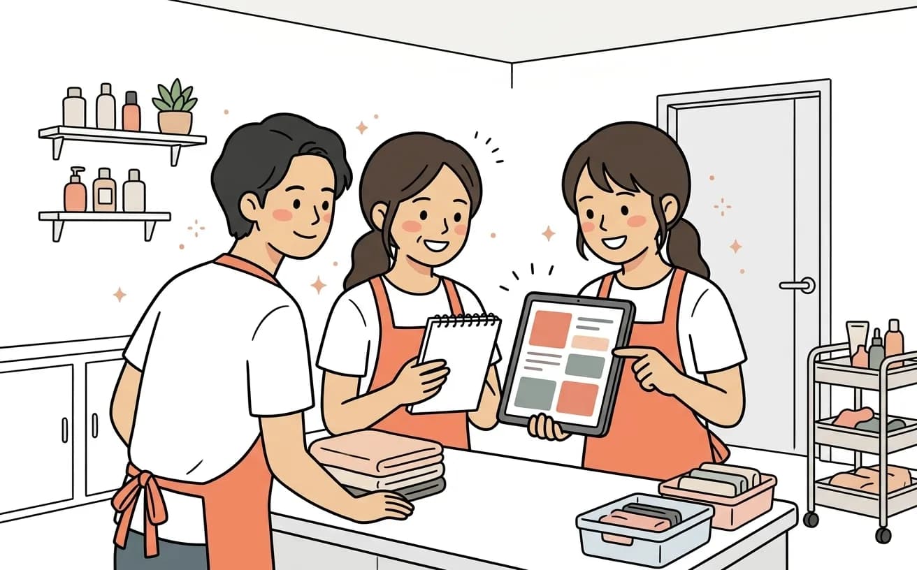 店舗でスタッフが自動リマインドとデポジットの設定画面を確認しているイラスト