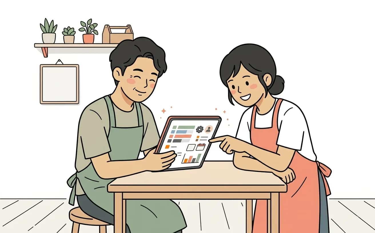 店舗でスタッフが予約管理と顧客管理が一体化した画面を確認しているイラスト